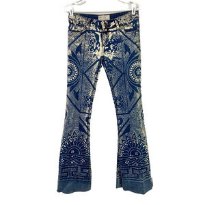 Free People 61855 Discharge Bali Print Indigo Boho Festival Flare Jeans 26